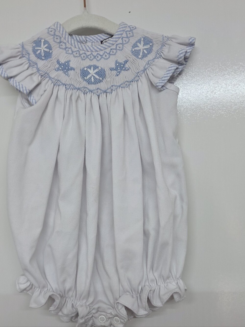 Shrimp and Grits Little Girls Smocked Bubble RomperSand dollars Starfish 3M
